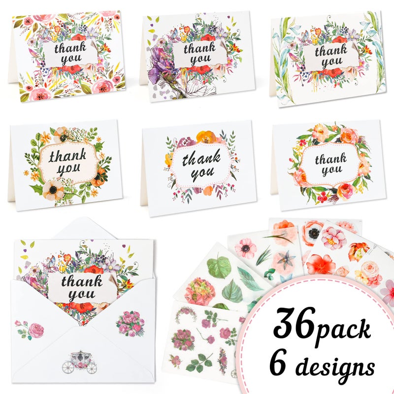 Feela Thank You Cards with Envelopes, 36 Pack Floral Thank You Notes with 36 Envelopes 6 Sticker Sheets By Feela, Blank Inside Cards for Baby Bridal Shower Wedding Graduation - Image 2